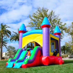 Dual Lane Castle Inflatable - Bounce N' Slide - Purple/Red/Green